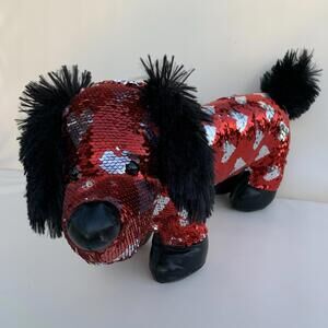 Plush Sequin Dachshund Dog Reverse Flip Stuffed Animal Fuzzy Ears and Tail Red